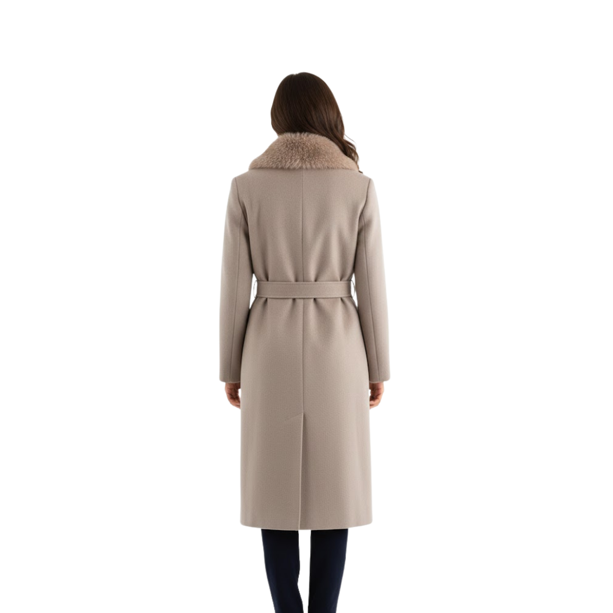 Women's Warm Belted Coat with Fur Collar for Autumn and Winter — Khaki