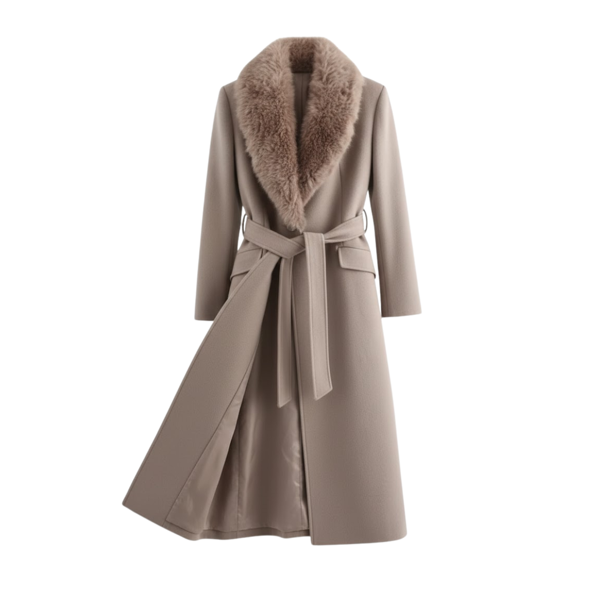 Women's Warm Belted Coat with Fur Collar for Autumn and Winter — Khaki