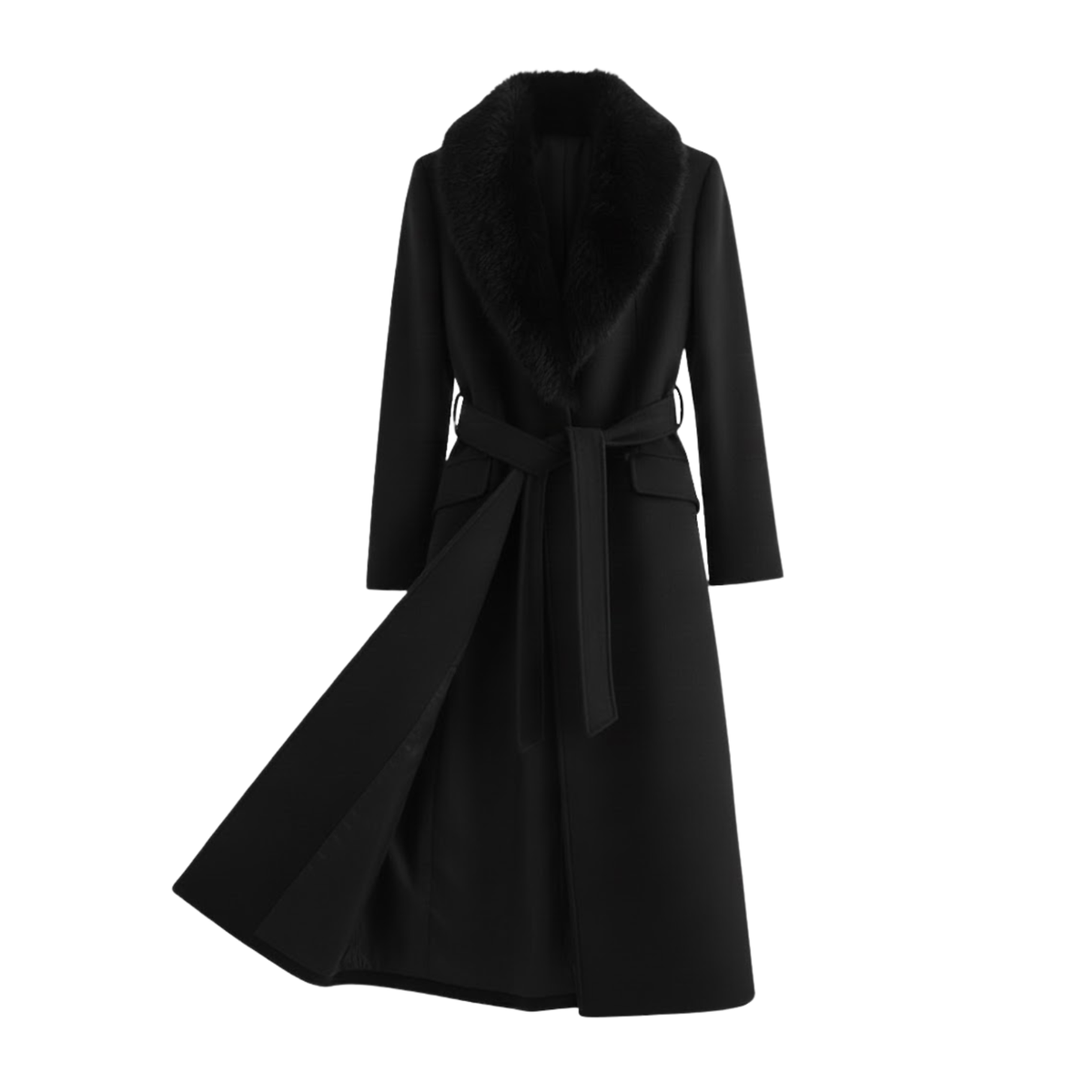 Women's Warm Belted Coat with Fur Collar for Autumn and Winter — Black