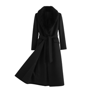 Women's Warm Belted Coat with Fur Collar for Autumn and Winter — Black