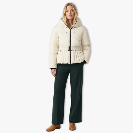 Women's Ski Jacket Peplum with Hood, Stand-up Collar, and Waist Belt — Beige
