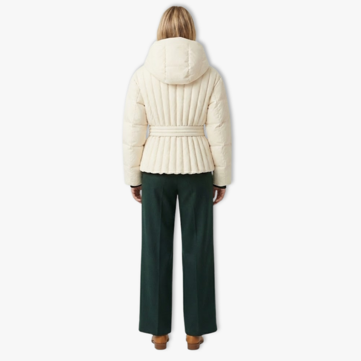 Women's Ski Jacket Peplum with Hood, Stand-up Collar, and Waist Belt — Beige