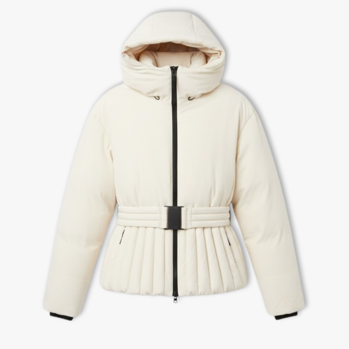 Women's Ski Jacket Peplum with Hood, Stand-up Collar, and Waist Belt — Beige