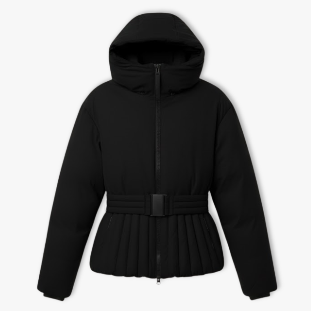 Women's Ski Jacket Peplum with Hood, Stand-up Collar, and Waist Belt — Black