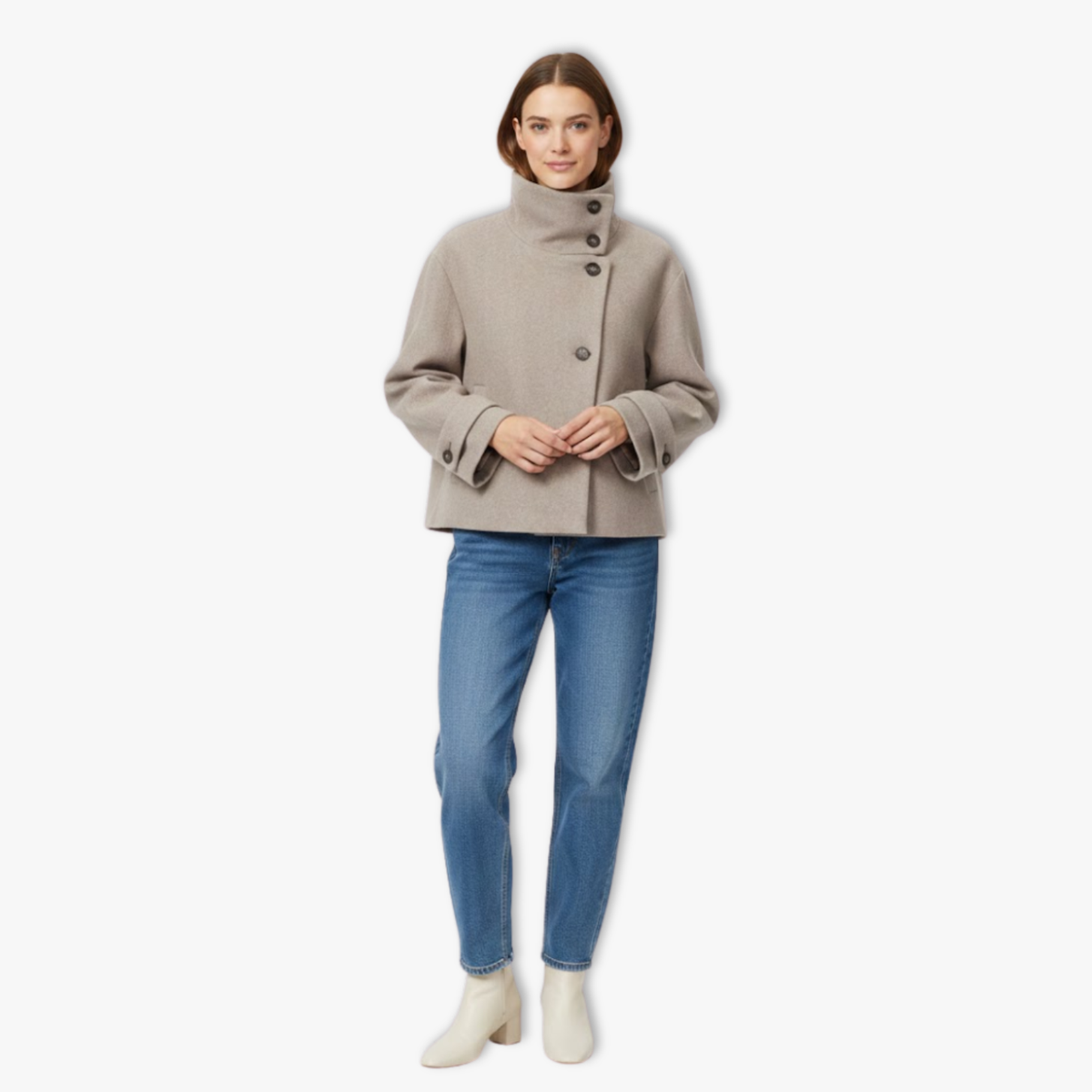 Women's Loose Coat – Long Sleeves, Buckle and Stand-Up Collar — Light Khaki
