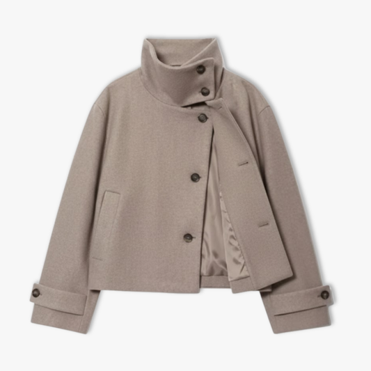 Women's Loose Coat – Long Sleeves, Buckle and Stand-Up Collar — Light Khaki