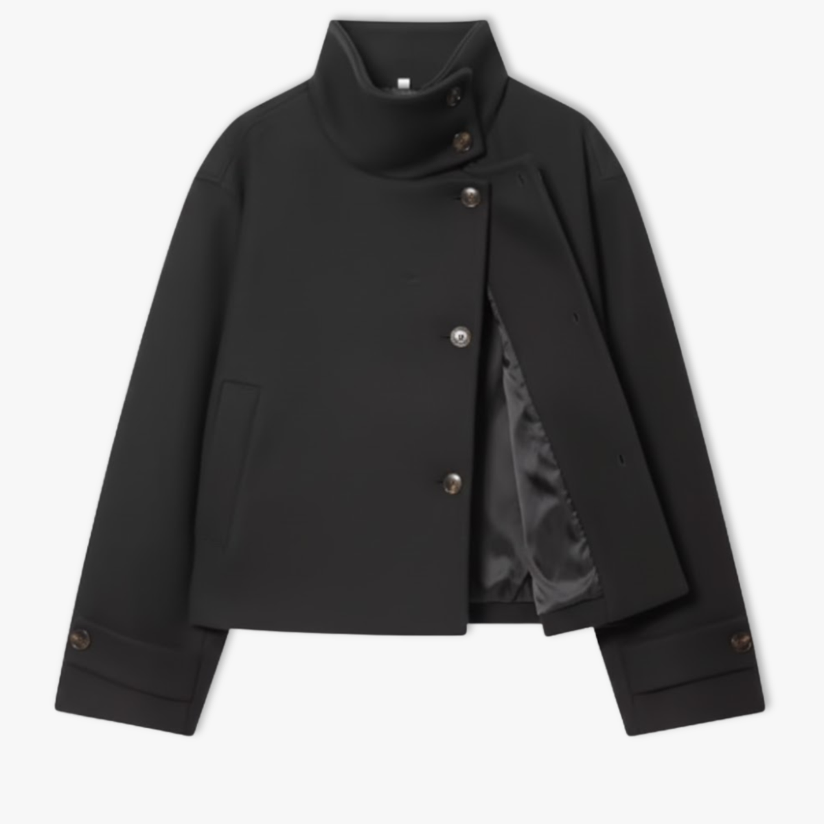 Women's Loose Coat – Long Sleeves, Buckle and Stand-Up Collar — Black