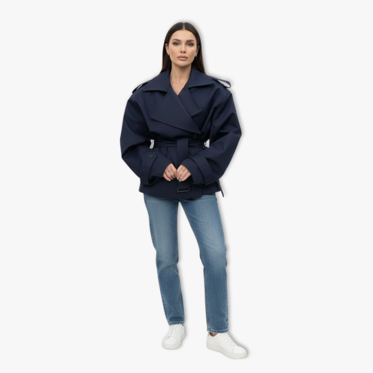 Women's Lace-Up Trench Coat – Lapels and Long Sleeves — Dark Blue