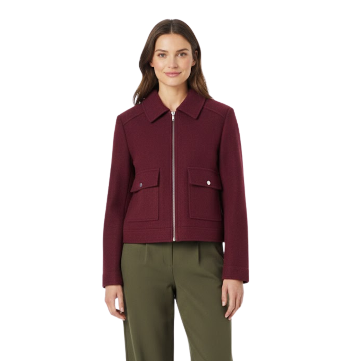 Women's Short Double-Breasted Jacket with Tailored Collar — Wine Red