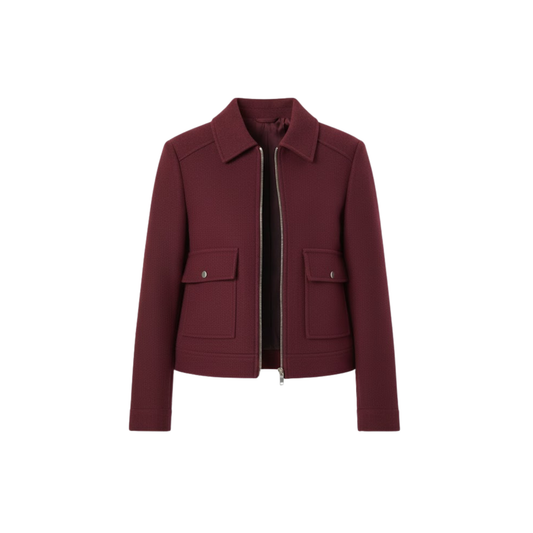 Women's Short Double-Breasted Jacket with Tailored Collar — Wine Red