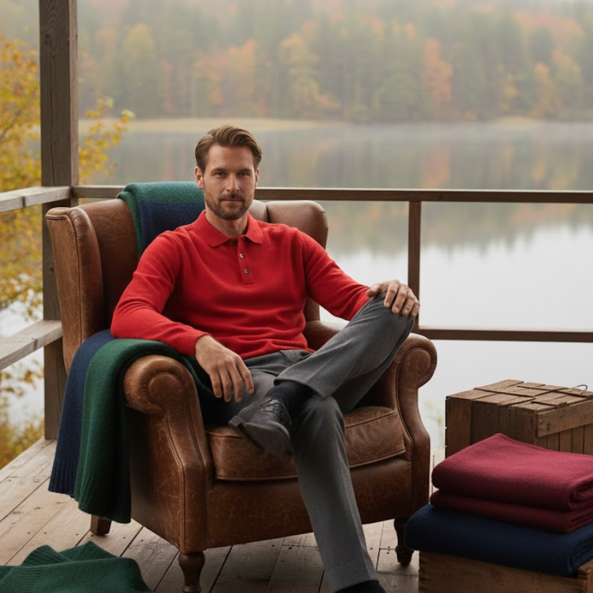 Polo pour homme à coupe décontractée, manches longues et col boutonné — Rouge