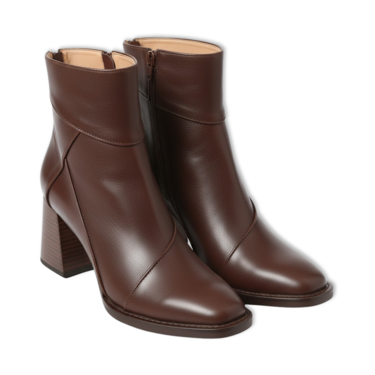 Women's soft ankle boots with thick square heel and side zipper — Brown