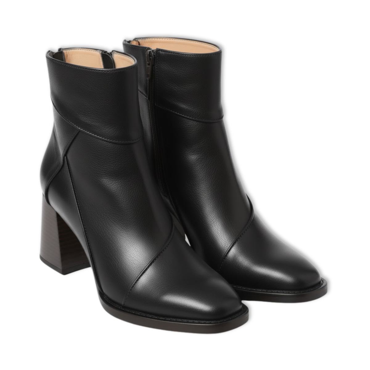 Women's soft ankle boots with thick square heel and side zipper — Black