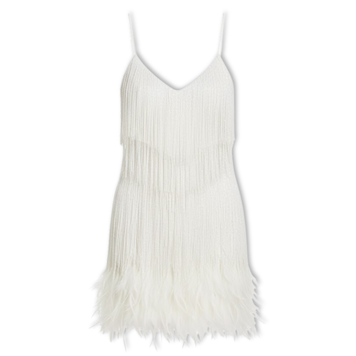 Evening gown with sequins and feathers, V-neckline, and thin straps — White