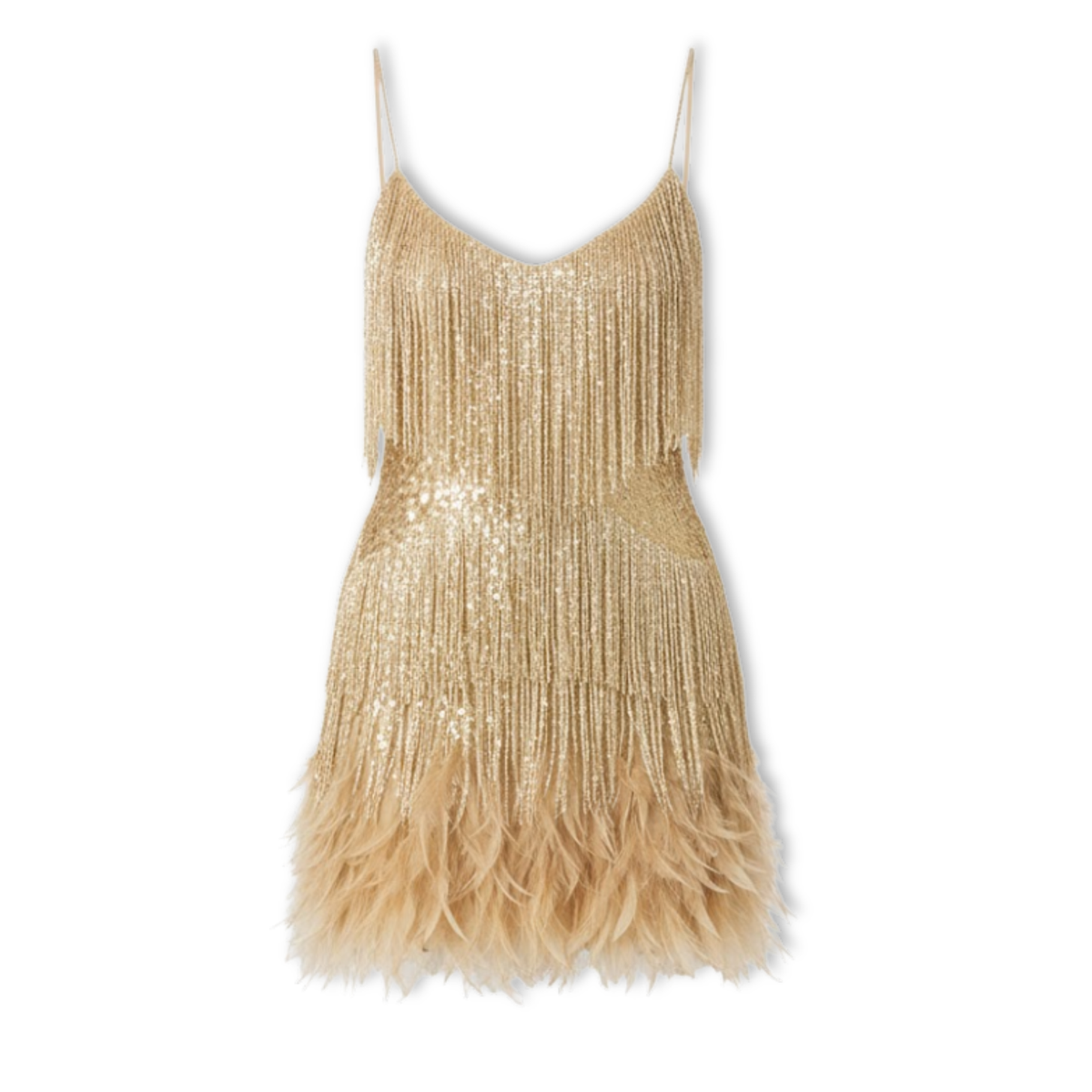 Evening gown with sequins and feathers, V-neckline, and thin straps — Gold