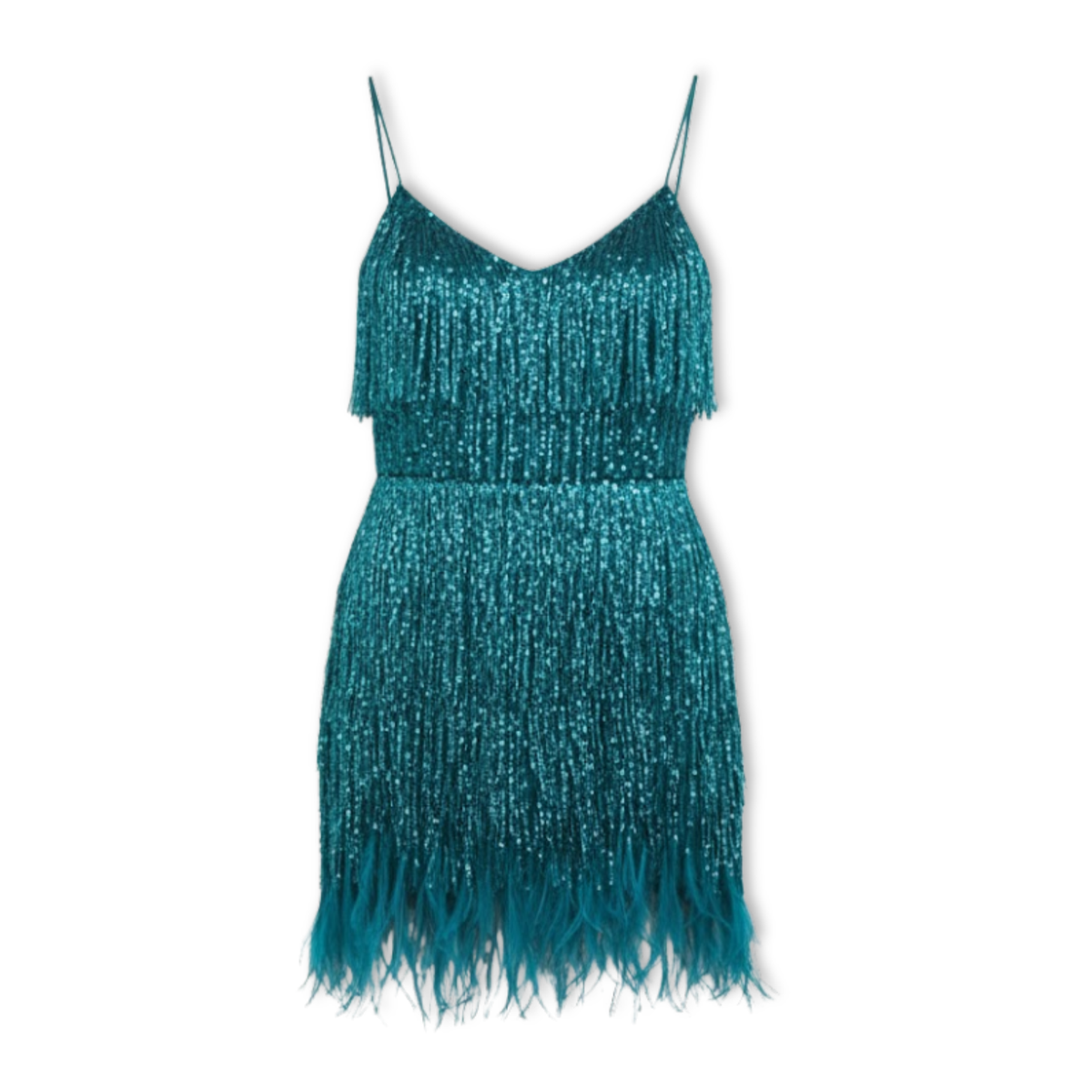 Evening gown with sequins and feathers, V-neckline, and thin straps — Peacock Blue