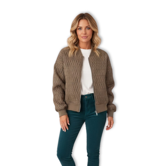 Quilted bomber jacket with stand-up collar and embossed texture — product view