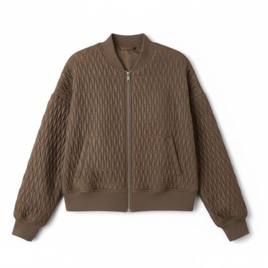 Quilted bomber jacket with stand-up collar and embossed texture — Dark Brown