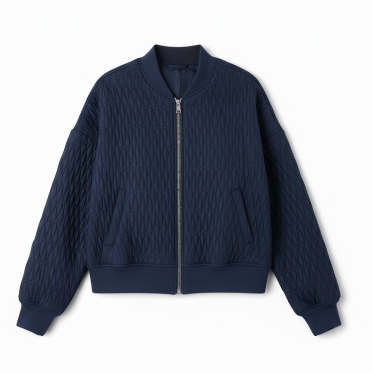 Quilted bomber jacket with stand-up collar and embossed texture — Navy Blue