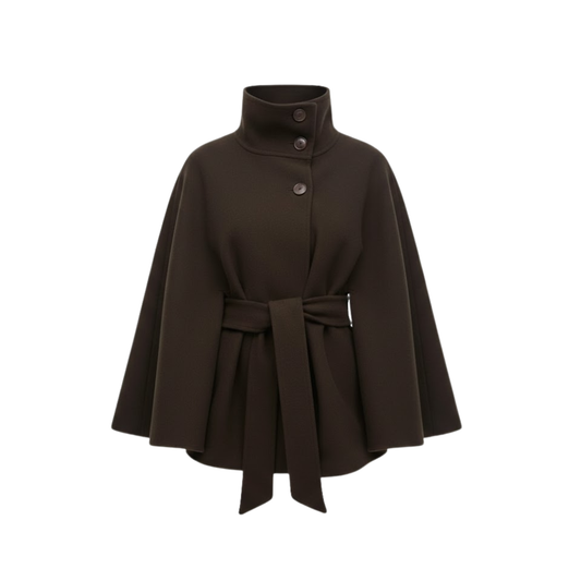 Structured cape coat with belt and standing collar — Coffee