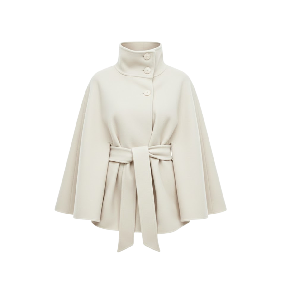 Structured cape coat with belt and standing collar — White