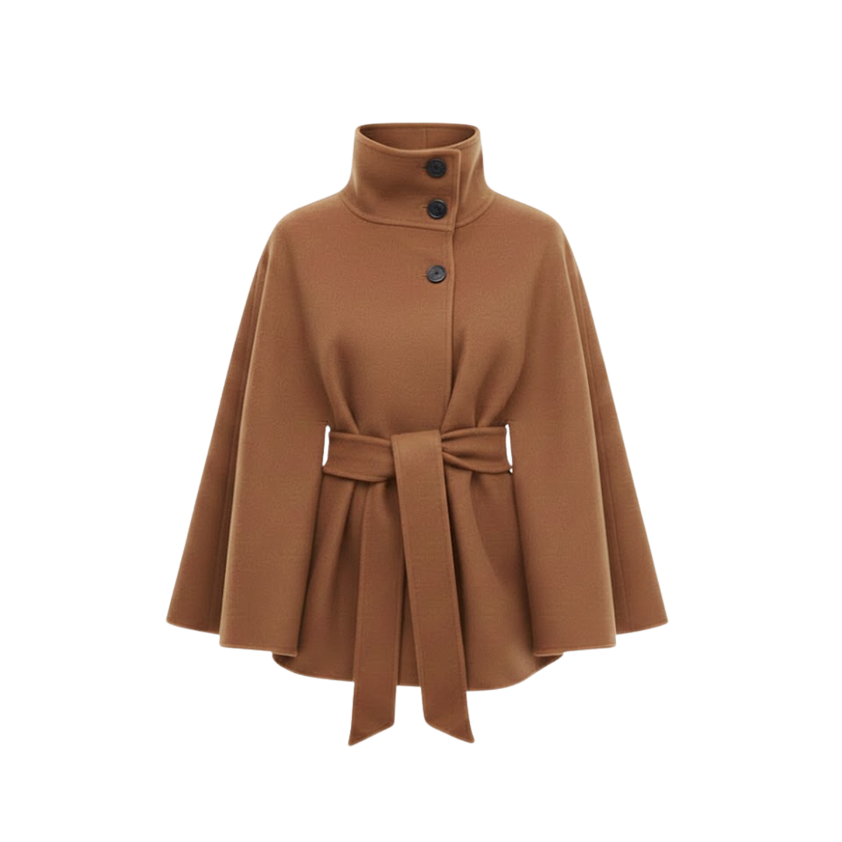 Structured cape coat with belt and standing collar — Khaki