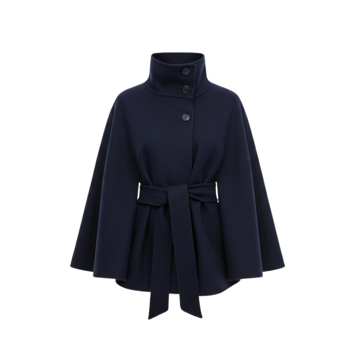 Structured cape coat with belt and standing collar — Navy