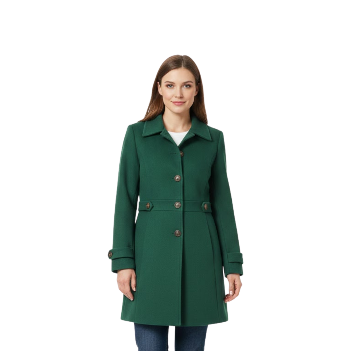 Mid-length coat with tailored collar and multiple buttons — product view