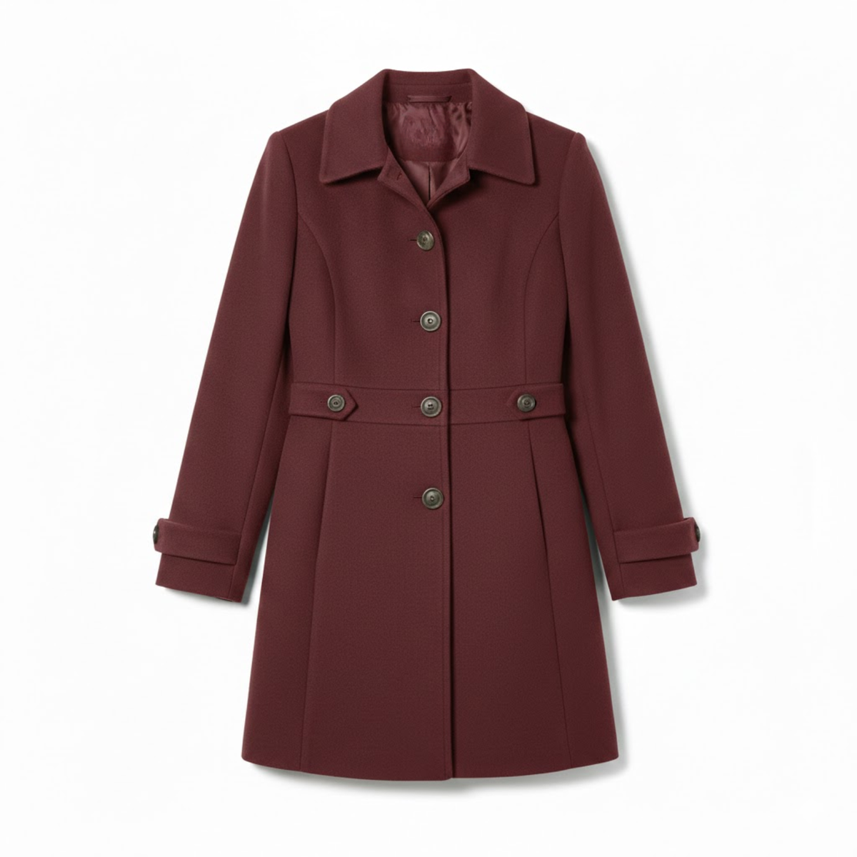 Mid-length coat with tailored collar and multiple buttons — Burgundy