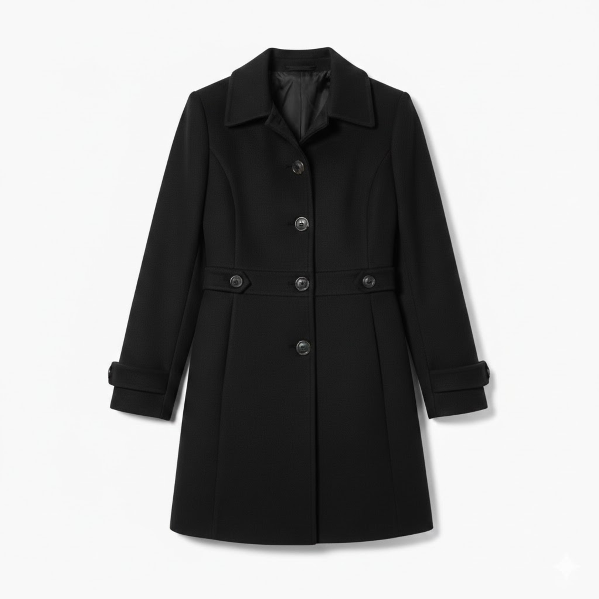 Mid-length coat with tailored collar and multiple buttons — Black