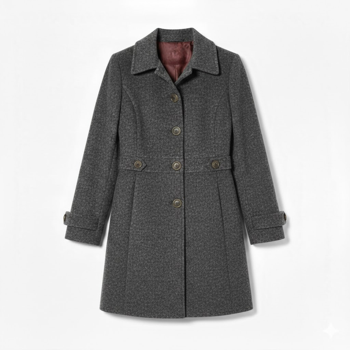 Mid-length coat with tailored collar and multiple buttons — Gray