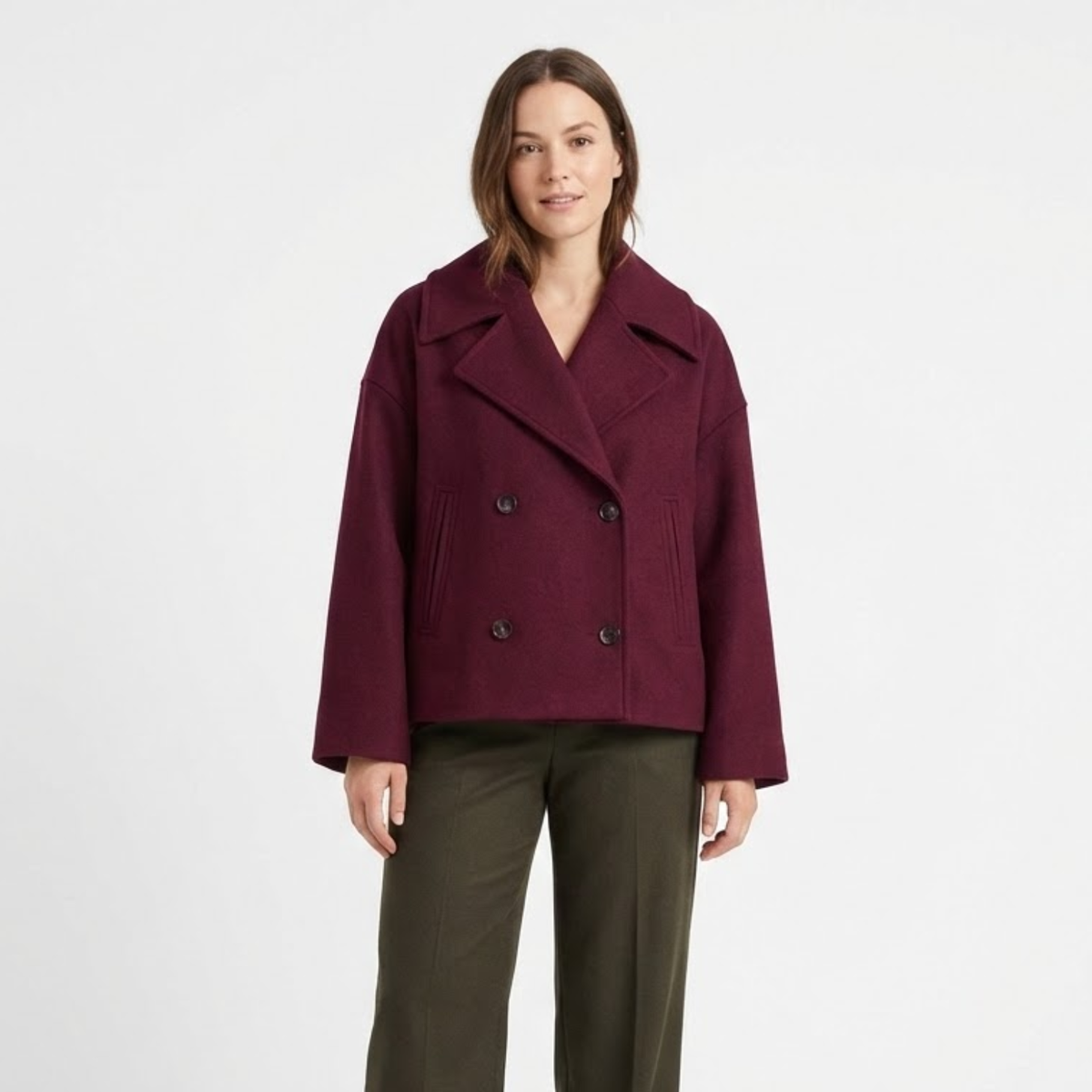 Women's Short Double-Breasted Coat with Relaxed Lapel Collar — Red