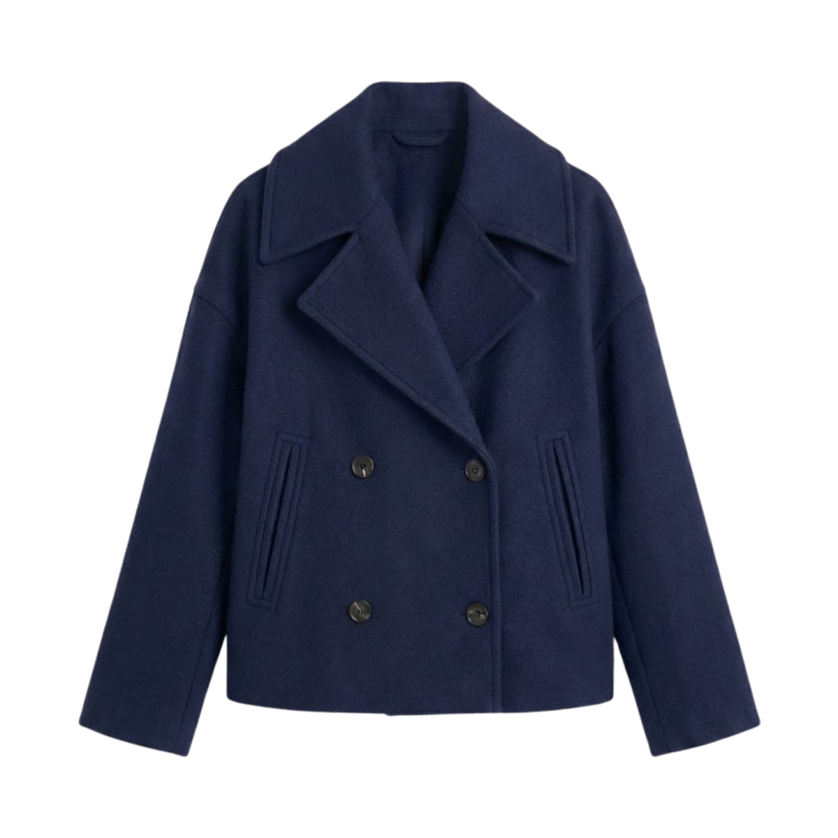 Women's Short Double-Breasted Coat with Relaxed Lapel Collar — Navy Blue