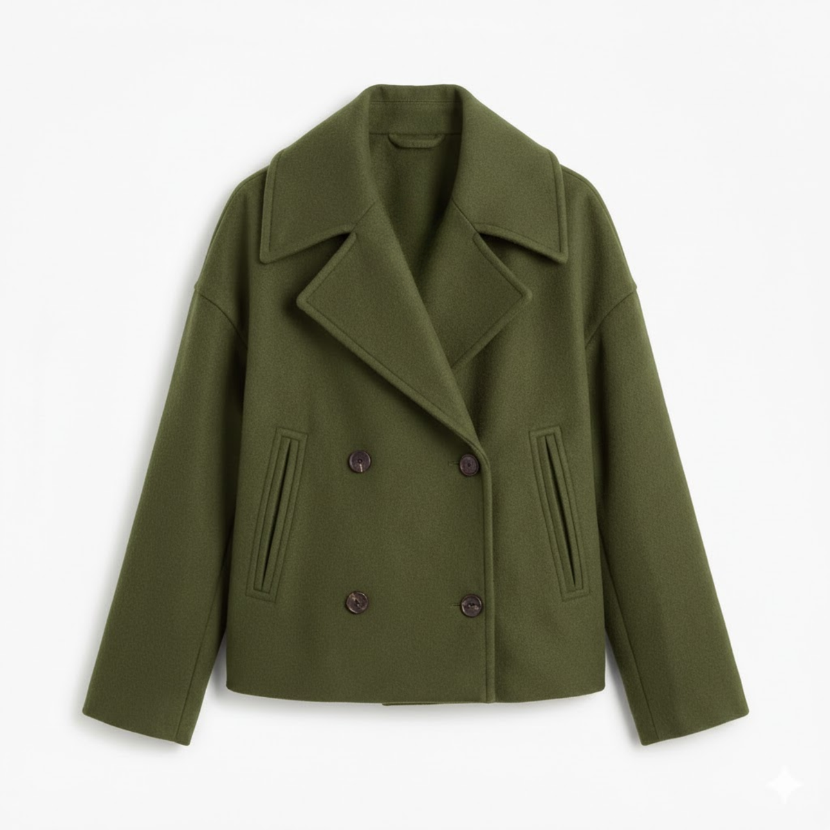 Women's Short Double-Breasted Coat with Relaxed Lapel Collar — Green
