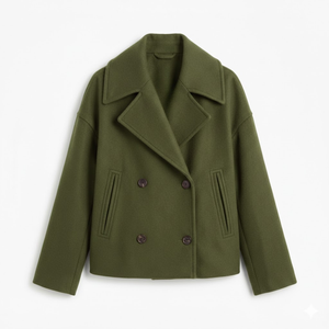 Women's Short Double-Breasted Coat with Relaxed Lapel Collar — Green