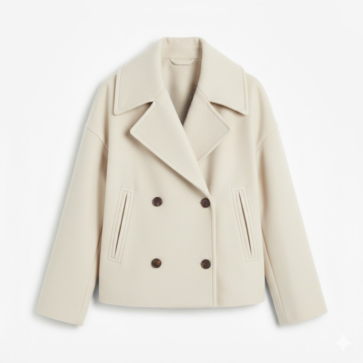 Women's Short Double-Breasted Coat with Relaxed Lapel Collar — Beige