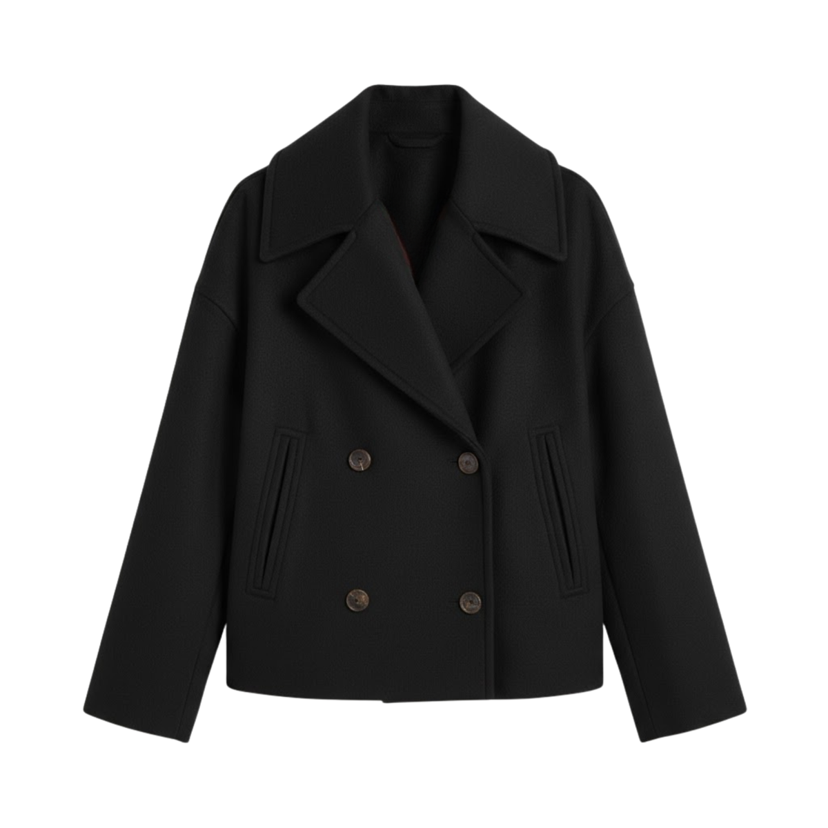 Women's Short Double-Breasted Coat with Relaxed Lapel Collar — Black