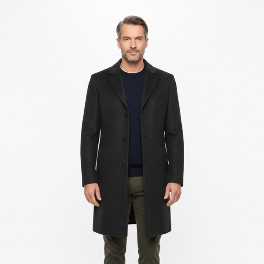 Men's long coat with turned-down collar, single button, fitted cut — Black