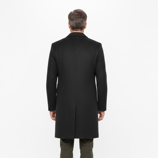 Men's long coat with turned-down collar, single button, fitted cut — Black