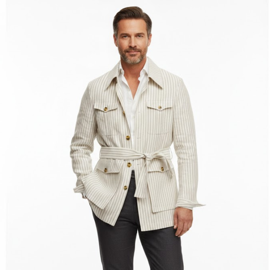 Striped desert jacket for men with belt and four patch pockets — Olive
