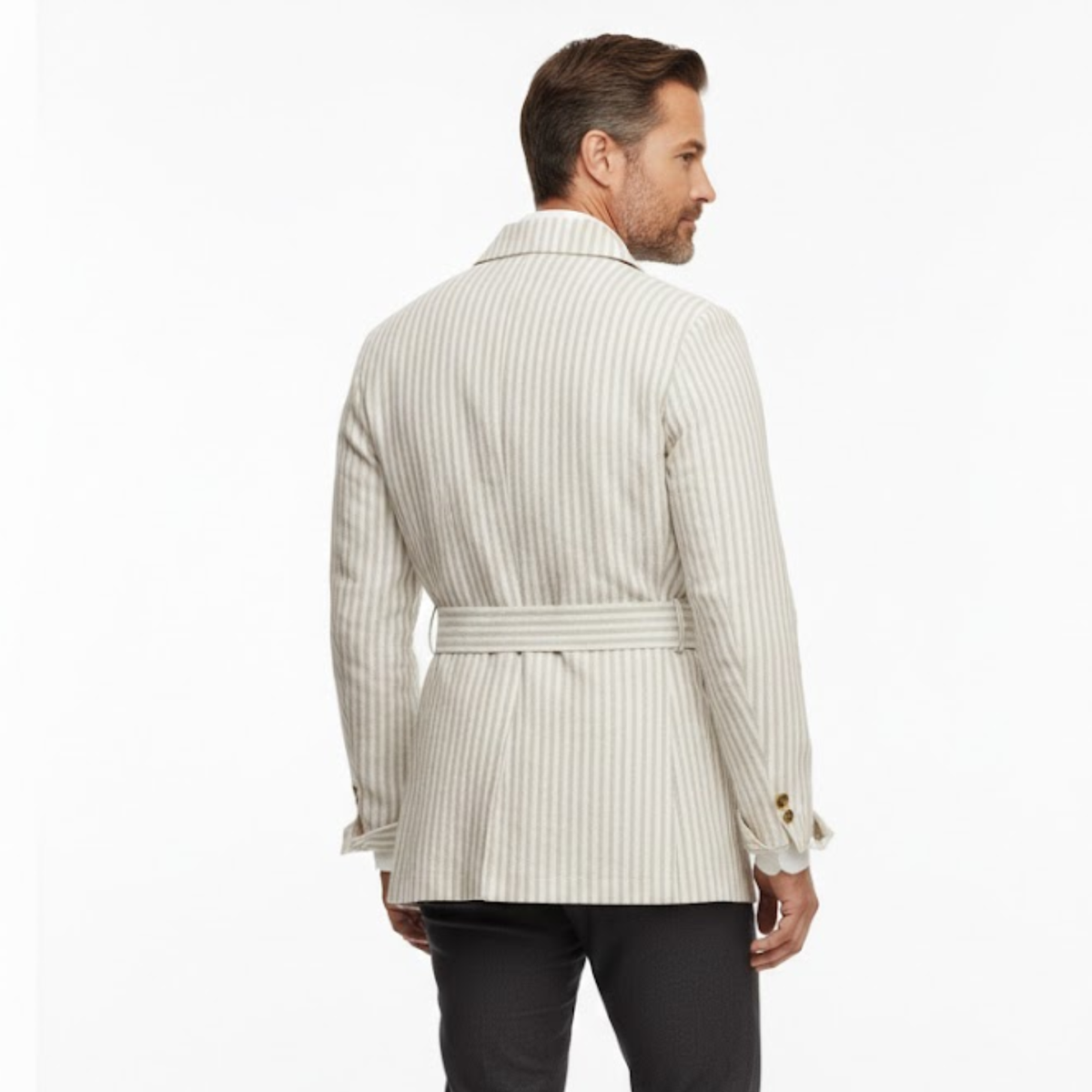 Striped desert jacket for men with belt and four patch pockets — Olive