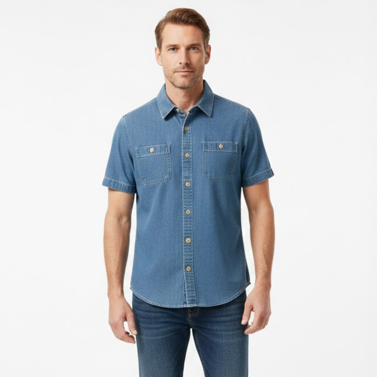 Herrenhemd aus Denim mit kurzen Ärmeln und Brusttaschen — Blau