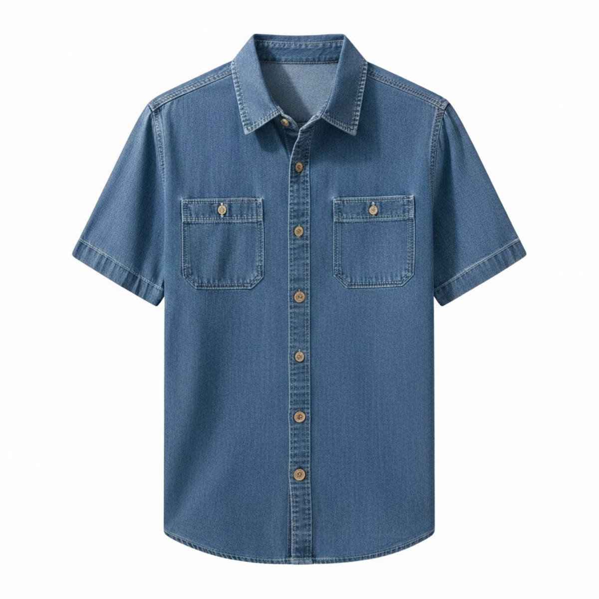 Herrenhemd aus Denim mit kurzen Ärmeln und Brusttaschen — Blau