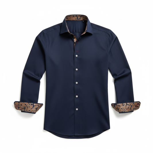 Men's Fitted Dress Shirt – Long Sleeves, Contrast Collar and Cuffs — Navy Blue