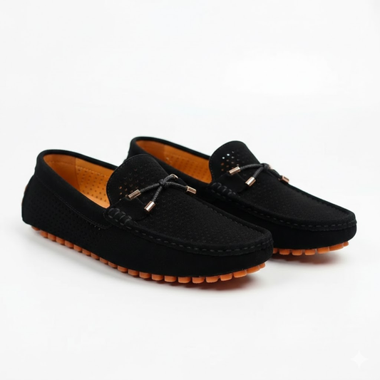 Men's Moccasins with Perforations and Pebbled Sole — Black