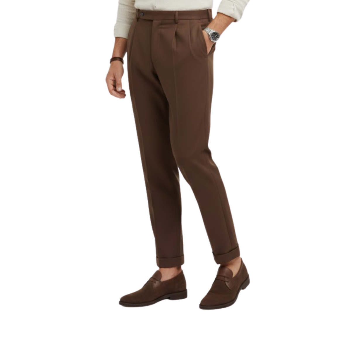 Men's suit trousers with a straight cut and high waist in style — Coffee
