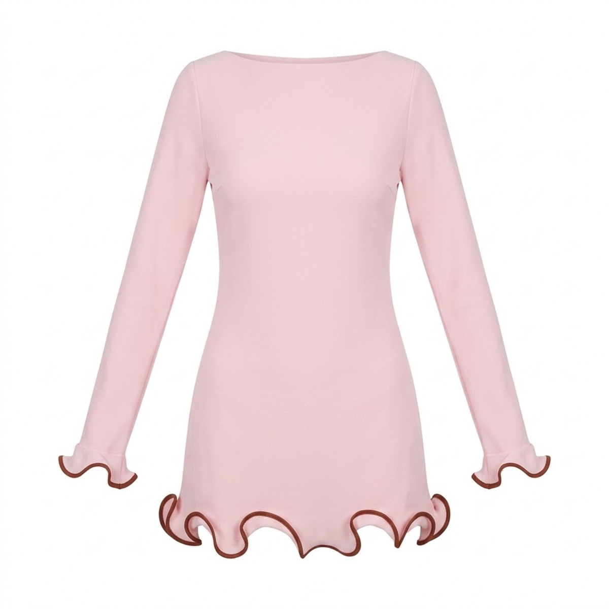 Fitted Short Dress with Long Sleeves and Contrasting Ruffle Hem — Pink