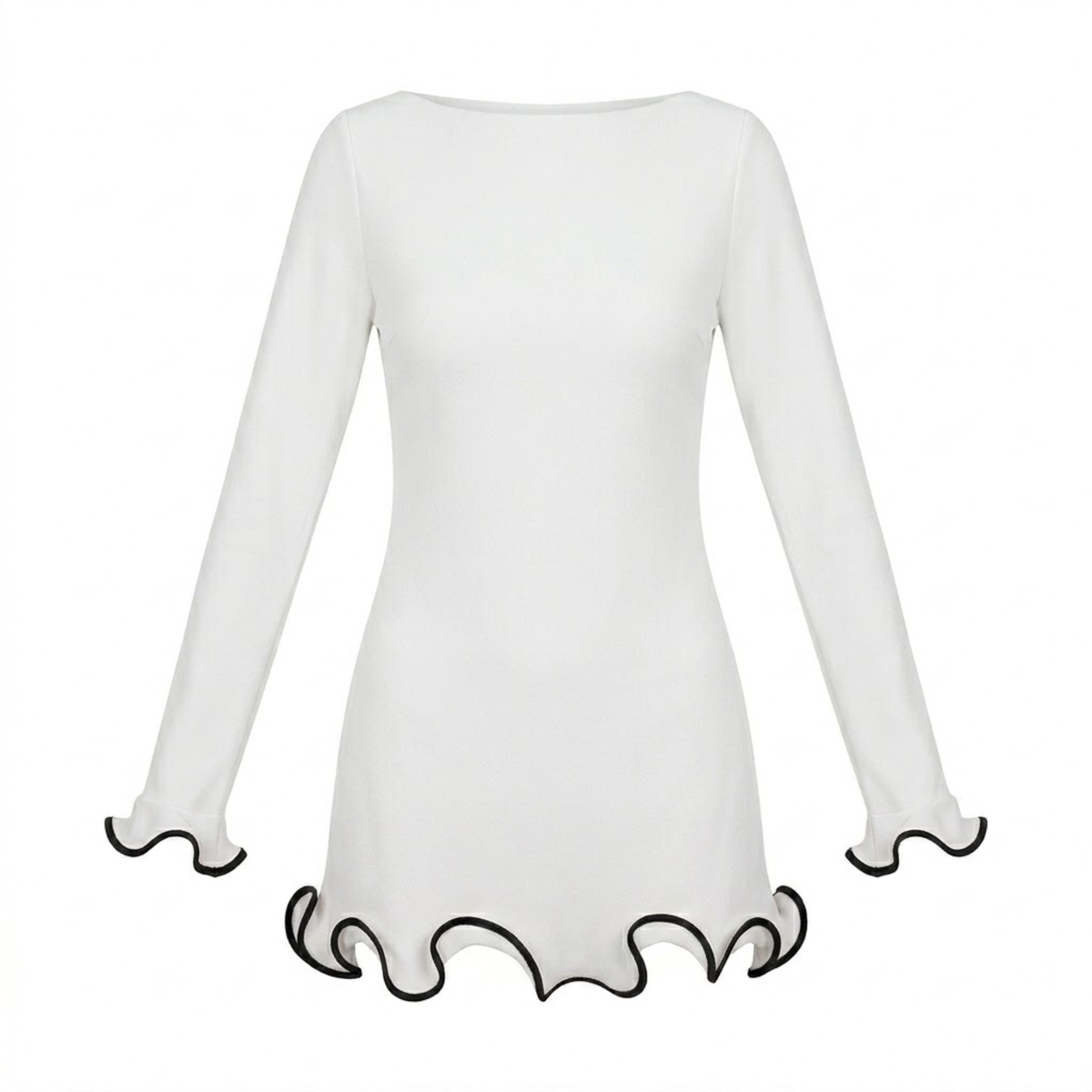 Fitted Short Dress with Long Sleeves and Contrasting Ruffle Hem — White