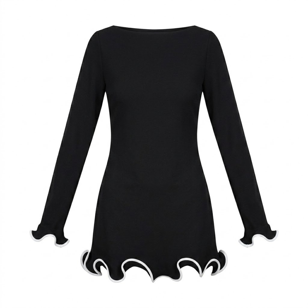 Fitted Short Dress with Long Sleeves and Contrasting Ruffle Hem — Black