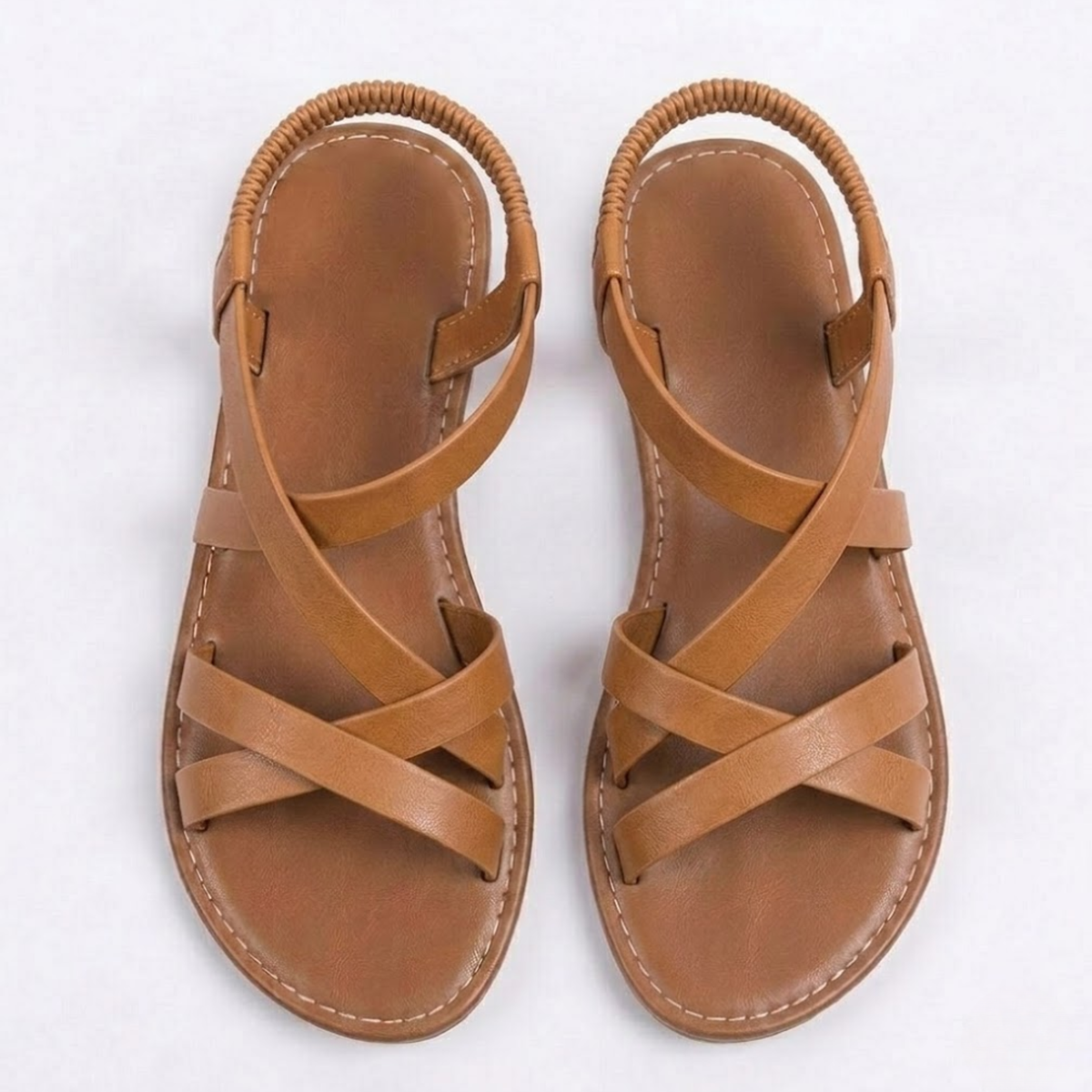 Flat Sandals with Crisscross Straps and Ankle Buckle for Women — Brown